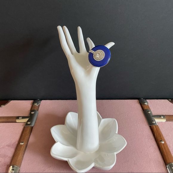 Royal Blue Enamel Round Shaped Stretch Cocktail Ring In Silver Plating Size 7/9 - Picture 8 of 9